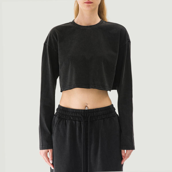 PODpartner Women's Raw Hem Long Sleeve Crop Top, 260 GSM